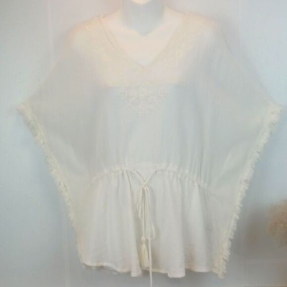 Intro boho cotton embroidered fringe drawstring waist/ tassels  ivory top (M) - Picture 3 of 11